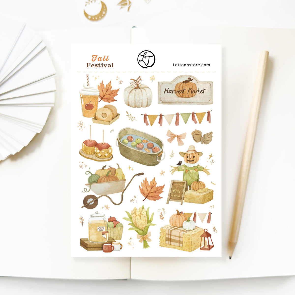 Fall Festival sticker sheet with watercolor pumpkins, harvest market and candy apples