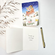 In Case We Don't Stop Christmas card opened, Dutch front with the blank inside and a pen