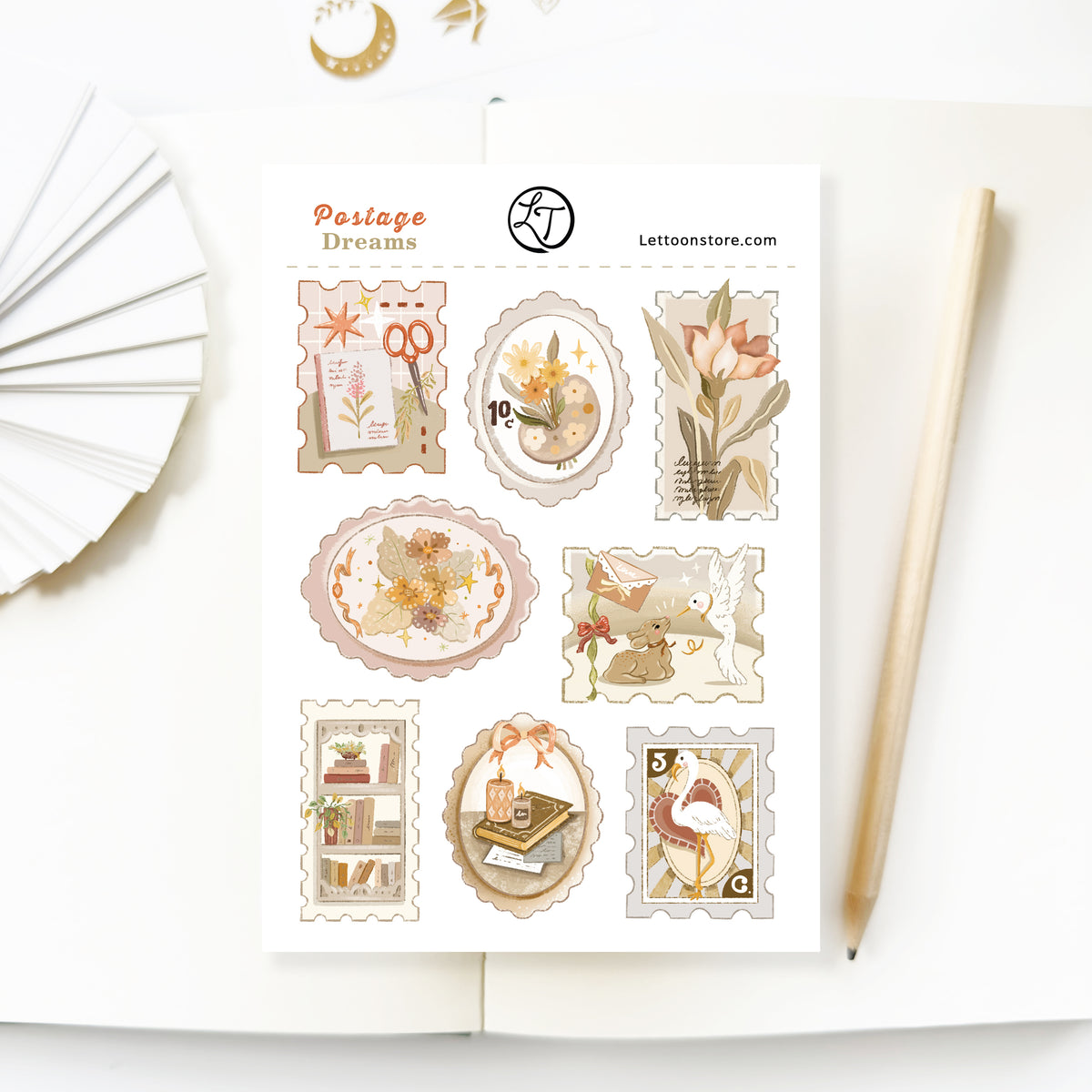 Postage Dreams sticker sheet with vintage postage stamp illustrations on textured paper