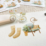 Premium Handmade Sticker Sheet 
Aesthetic Cozy 105mm x 148mm - a piece on the stick and 2 pieces on the paper and 2 sheets on the table