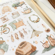 Premium Handmade Sticker Sheet 
Aesthetic Cozy 105mm x 148mm - a sheet on the table with a pencil, an opened notebook