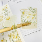 Premium Handmade Sticker Sheet Chamomile Sunflower 105mm x 148mm - 2 pieces on the stick and a sheet on the table 