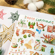Premium Handmade Sticker Sheet Christmas 105mm x 148mm - a sheet on the table with an opened notebook, a pinecone, 3 stars