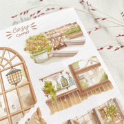 Premium Handmade Sticker Sheet Cozy Corner 105mm x 148mm - a sheet on the table with a pink flower branch