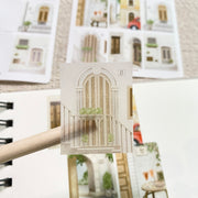 Premium Handmade Sticker Sheet Cozy Doors 105mm x 148mm - a piece on the stick and 2 sheets on the table 