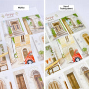 Premium Handmade Sticker Sheet Cozy Doors 105mm x 148mm - 2 different sheets on the table 