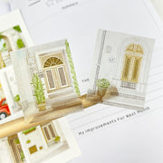 Premium Handmade Sticker Sheet Cozy Doors 105mm x 148mm - 2 pieces on the stick and a sheet on the table 