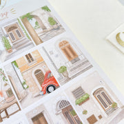 Premium Handmade Sticker Sheet Cozy Doors 105mm x 148mm - a sheet on the table 