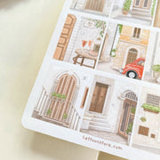 Premium Handmade Sticker Sheet Cozy Doors 105mm x 148mm - a sheet on the table 