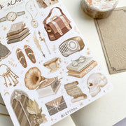 Premium Handmade Sticker Sheet Dark & Light Academia 105mm x 148mm - a washi tape and a sheet on the table with an opened notebook