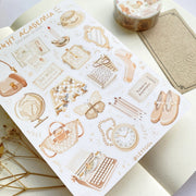 Premium Handmade Sticker Sheet Dark & Light Academia 105mm x 148mm - a washi tape and a sheet on the table with an opened notebook, a white flower branch