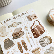 Premium Handmade Sticker Sheet Dark & Light Academia 105mm x 148mm - a washi tape and a sheet on the table with an opened notebook