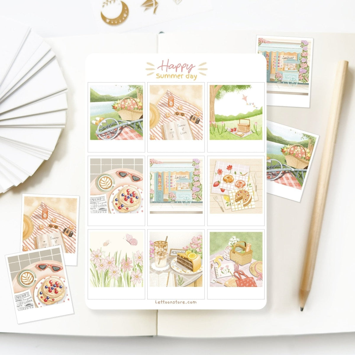 Premium Handmade Sticker Sheet Happy Summer Day 105mm x 148mm - 4 pieces and a sheet on the table with a pencil, an opened notebook