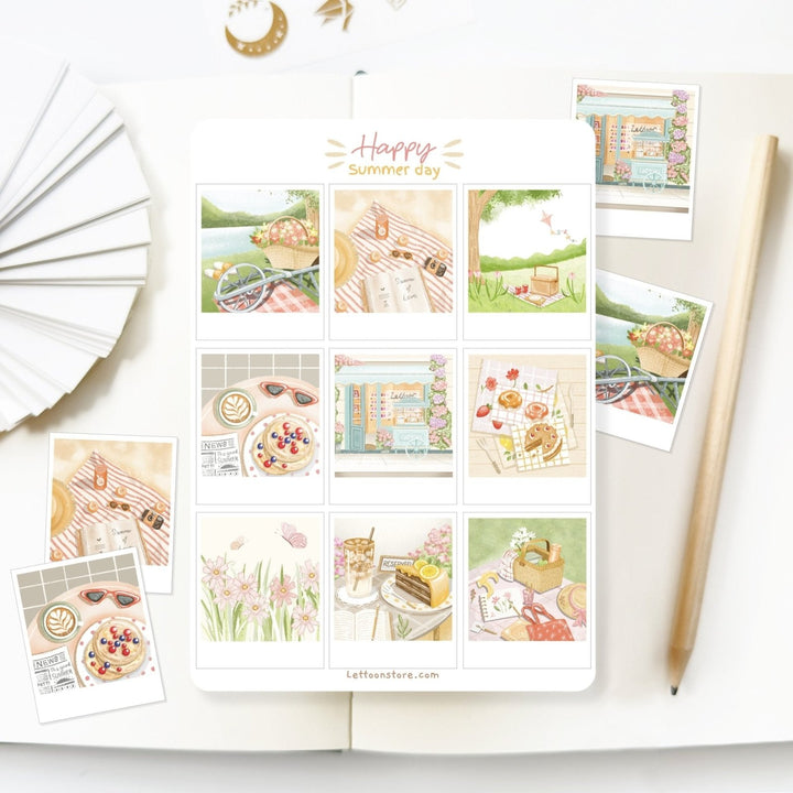 Premium Handmade Sticker Sheet Happy Summer Day 105mm x 148mm - 4 pieces and a sheet on the table with a pencil, an opened notebook