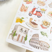 Premium Handmade Sticker Sheet In Love With Italy 105mm x 148mm - a sheet on the table with an opened notebook