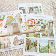 Premium Handmade Sticker Sheet Inspired by Italy 105mm x 148mm - 3 pieces on the stick and 3 sheets on the table 