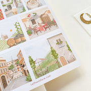 Premium Handmade Sticker Sheet Inspired by Italy 105mm x 148mm - a sheet on the table with an opened notebook