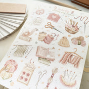 Premium Handmade Sticker Sheet Knitting Crochet 105mm x 148mm - a sheet on the table with a pencil, an opened notebook, a ruler