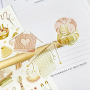 Premium Handmade Sticker Sheet Knitting Crochet 105mm x 148mm - 3 pieces on the stick and a sheet on the table 
