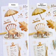Premium Handmade Sticker Sheet Magical Cozy Fall 105mm x 148mm - 2 sheets on the table 