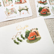 Premium Handmade Sticker Sheet Magical Cozy Winter 105mm x 148mm - 3 pieces and 2 sheets on the table 