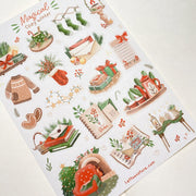 Premium Handmade Sticker Sheet Magical Cozy Winter 105mm x 148mm - a sheet on the table 