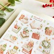 Premium Handmade Sticker Sheet 
Reading in the Winter 105mm x 148mm - a sheet on the table with a branch, a red berry branch