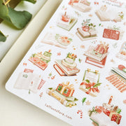 Premium Handmade Sticker Sheet 
Reading in the Winter 105mm x 148mm - a sheet on the table with a branch