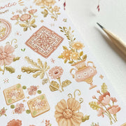 Premium Handmade Sticker Sheet Romantic Flower 105mm x 148mm - a sheet on the table with a pink flower branch and a pencil