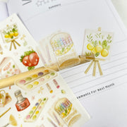 Premium Handmade Sticker Sheet The Art of Summer 105mm x 148mm - 3 pieces on the stick and a sheet on the table 