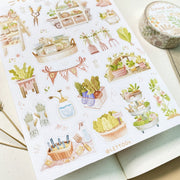 Premium Handmade Sticker Sheet 
Veggie Garden 105mm x 148mm - a sheet on the table with a washi tape, an opened notebook