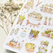 Premium Handmade Sticker Sheet 
Veggie Garden 105mm x 148mm - a sheet on the table with a white flower branch