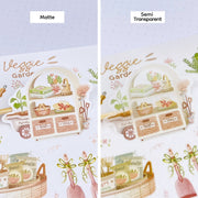 Premium Handmade Sticker Sheet 
Veggie Garden 105mm x 148mm - 2 pieces and a sheet on the table 