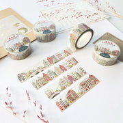 Premium Handmade Washi Tape Amsterdam 15mm x 10m - 4 pieces and 4 washi tapes on the table with 2 pink flower branches, a chapter sheet and 2 cards
