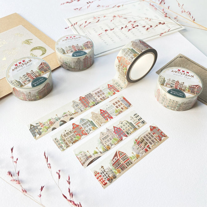 Premium Handmade Washi Tape Amsterdam 15mm x 10m - 4 pieces and 4 washi tapes on the table with 2 pink flower branches, a chapter sheet and 2 cards