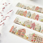 Premium Handmade Washi Tape Amsterdam 15mm x 10m - 4 pieces on the table with a pink flower branch 
