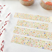 Premium Handmade Washi Tape Blooming Flower 15mm x 10m - 4 pieces and 2 washi tapes on the table with a dark maroon branch