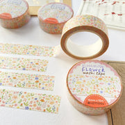 Premium Handmade Washi Tape Blooming Flower 15mm x 10m - 4 pieces and 4 washi tapes on the table with a dark maroon branch, a sticker sheet, a chapter heading
