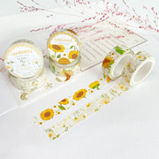 Premium Handmade Washi Tape Chamomile & Sunflower 15mm x 10m - 2 pieces and 6 washi tapes on the table with a pink flower branch, a heading chapter, a sticker sheet