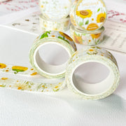 Premium Handmade Washi Tape Chamomile & Sunflower 15mm x 10m - 2 pieces and 6 washi tapes on the table with a pink flower branch, a heading chapter, a sticker sheet