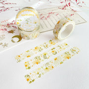 Premium Handmade Washi Tape Chamomile & Sunflower 15mm x 10m - 3 pieces and 3 washi tapes on the table with a pink flower branch, a heading chapter, a sticker sheet