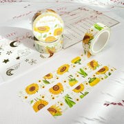 Premium Handmade Washi Tape Chamomile & Sunflower 15mm x 10m - 3 pieces and 3 washi tapes on the table with a pink flower branch, a heading chapter, a sticker sheet