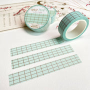 Premium Handmade Washi Tape Choco Mint 15mm x 10m - 3 pieces and 3 washi tapes on the table with a pink flower branch and chapter sheet