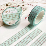 Premium Handmade Washi Tape Choco Mint 15mm x 10m - 3 pieces and 3 washi tapes on the table with a pink flower branch and chapter sheet