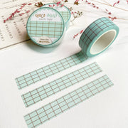 Premium Handmade Washi Tape Choco Mint 15mm x 10m - 3 pieces and 3 washi tapes on the table with a pink flower branch and chapter sheet