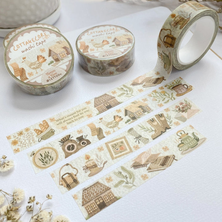 Premium Handmade Washi Tape Cottagecore Vibes 15mm x 10m - 4 pieces and 3 washi tapes on the table with a white flower branch
