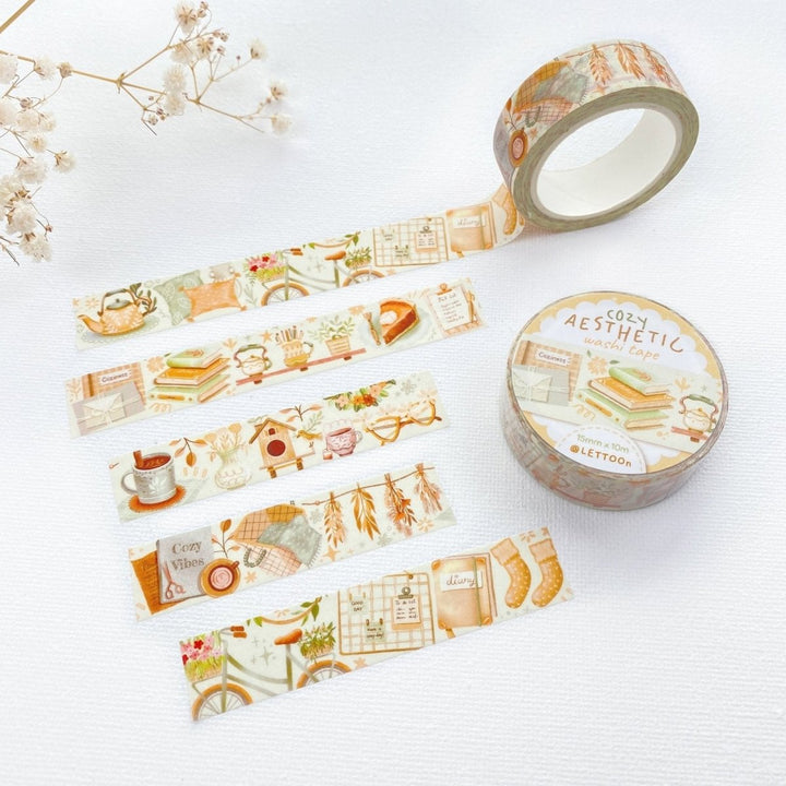 Premium Handmade Washi Tape Cozy Aesthetic 15mm x 10m - 2 washi tapes on the table with a flower branch