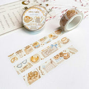 Premium Handmade Washi Tape Cozy Cafe 15mm x 10m - 3 washi tapes on the table with a pink flower branch