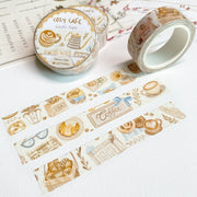 Premium Handmade Washi Tape Cozy Cafe 15mm x 10m - 3 washi tapes on the table with a pink flower branch and chapter sticker sheets