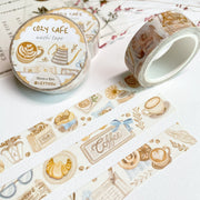 Premium Handmade Washi Tape Cozy Cafe 15mm x 10m - 3 washi tapes on the table with a pink flower branch and chapter sticker sheets
